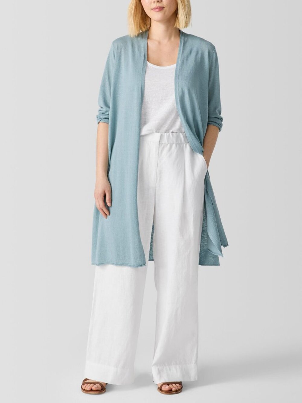 Eileen Fisher 100% Linen Duster Cardigan Sweater Light Long Minimalist Flowy - L